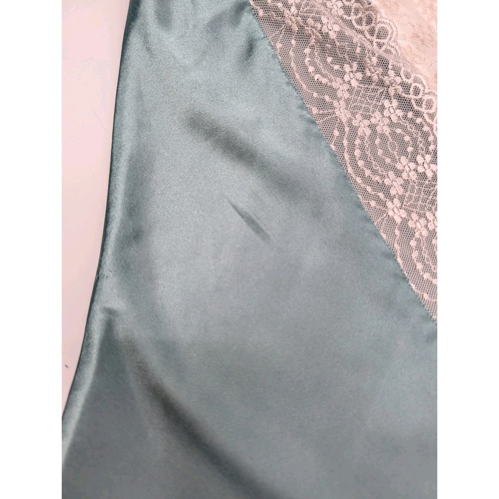 Green Satin & Cream Lace Mini Dress Size M Deep V Neck Slip Sleepwear Romantic - Picture 9 of 9